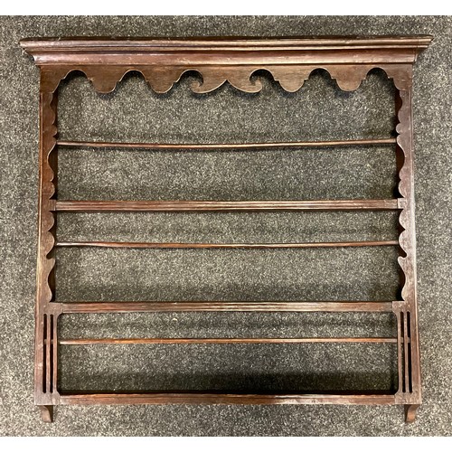 116 - A George III country house kitchen plate rack, shaped apron, three open shelves, 94cm high, 100cm wi... 