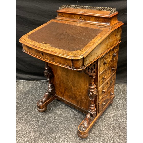 170 - A Victorian inlaid burr walnut Davenport, fitted interior, four short drawers to side, blind to vers... 