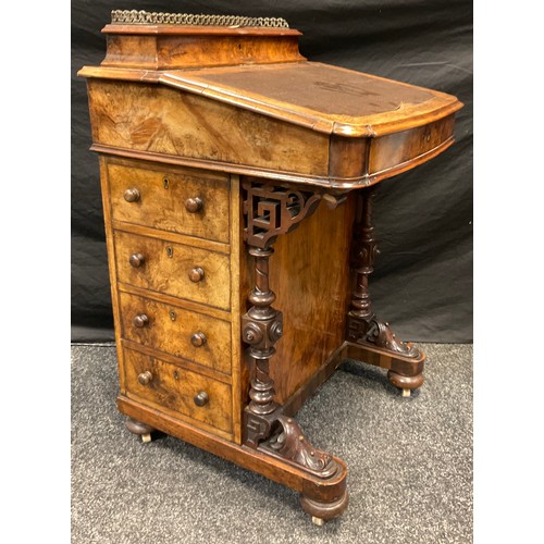 170 - A Victorian inlaid burr walnut Davenport, fitted interior, four short drawers to side, blind to vers... 