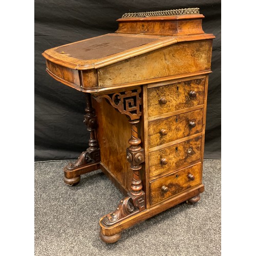 170 - A Victorian inlaid burr walnut Davenport, fitted interior, four short drawers to side, blind to vers... 