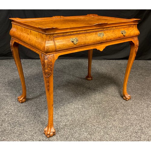 240 - A 19th century style, reproduction burr walnut ‘silver table’ / lowboy, for Hille of London, dish to... 