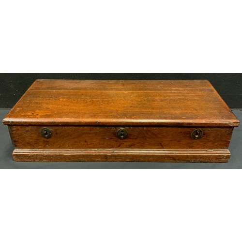 223 - A 19th century oak rectangular strong box, the rectangular lid with internal iron hinges, three indi... 