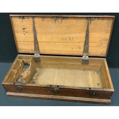 223 - A 19th century oak rectangular strong box, the rectangular lid with internal iron hinges, three indi... 