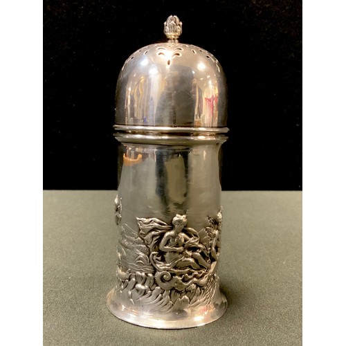 93 - A Victorian silver sugar castor, embossed with Neptune & Salacia, Eros flying, a cherub riding fish ... 