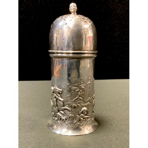 93 - A Victorian silver sugar castor, embossed with Neptune & Salacia, Eros flying, a cherub riding fish ... 