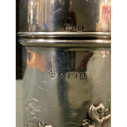 93 - A Victorian silver sugar castor, embossed with Neptune & Salacia, Eros flying, a cherub riding fish ... 