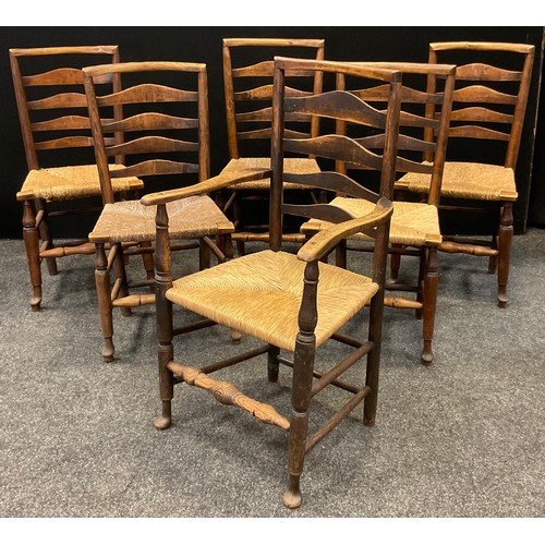 120 - A set of six George III, Country House oak and elm lath-back kitchen chairs, five chairs and one car... 