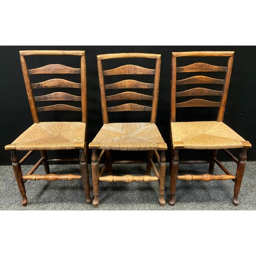 120 - A set of six George III, Country House oak and elm lath-back kitchen chairs, five chairs and one car... 