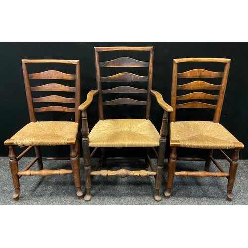 120 - A set of six George III, Country House oak and elm lath-back kitchen chairs, five chairs and one car... 