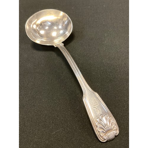 90 - A George III silver Fiddle and Shell pattern sauce ladle, Paul Storr, London 1817, 69.1g