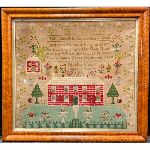 167 - A Victorian sampler, worked by Martha Kirby, aged 12, 1876, with buildings, garden and foliate, surr... 