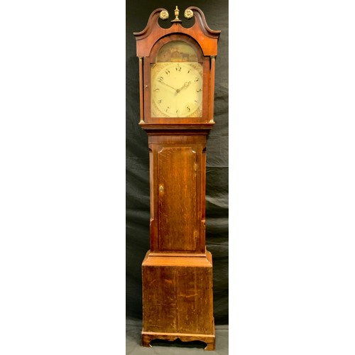 226 - A George III oak longcase clock, swan neck pediment, turned and reeded columns, brass capitals, shap... 