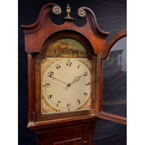 226 - A George III oak longcase clock, swan neck pediment, turned and reeded columns, brass capitals, shap... 