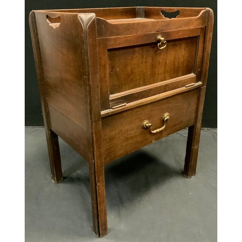 243 - A George III mahogany night cupboard, galleried top with pierced carrying handles, above a single fa... 