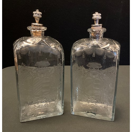 219 - A pair of 18th century continental Armorial rounded square clear glass decanters, rounded shoulders ... 