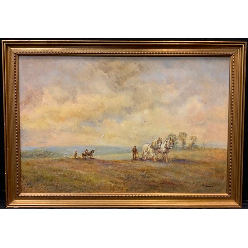 244 - M. J. Rendell, Ploughing the High Field, signed, oil on board, 51cm x 76.5cm