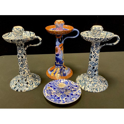 35 - A pair of Bursley Ware Chung pattern candlesticks, 26cm high, printed marks;  a similar chamberstick... 