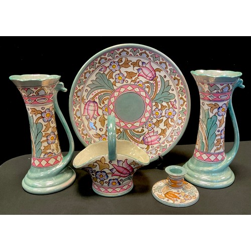 32 - A Bursley Ware Charlotte Rhead TL76 Wind Tossed Tulip 31cm diam, printed mark;  a similar pair of va... 