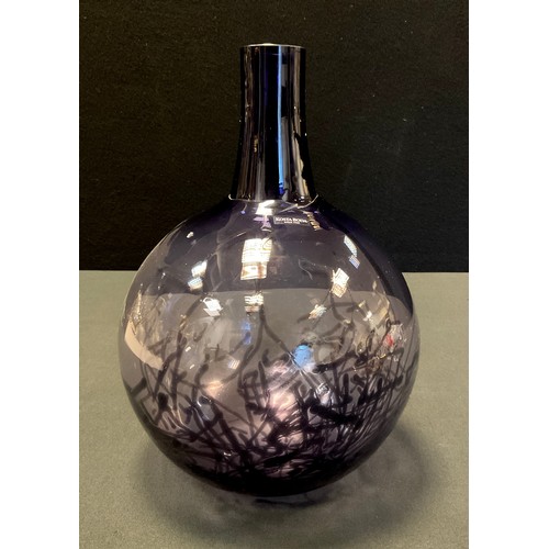 14 - A Gunnel Sahlin (Bn 1954) Kosta Boda Scribble glass vase, introduced 2005, with bulbous purple blue ... 