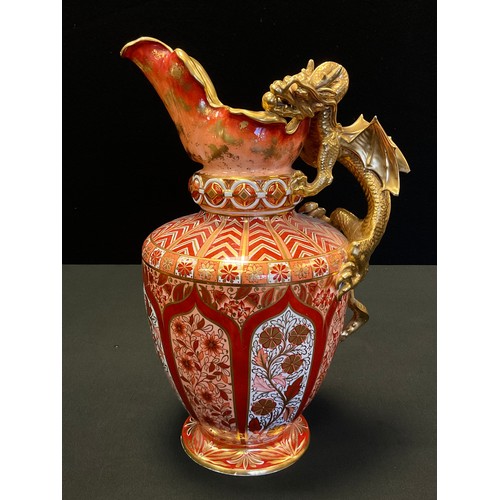 211 - A large Copeland Spode double dragon jug, decorated in iron red,  orange and gilt with stylised flor... 