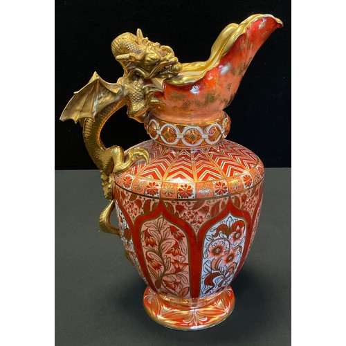 211 - A large Copeland Spode double dragon jug, decorated in iron red,  orange and gilt with stylised flor... 