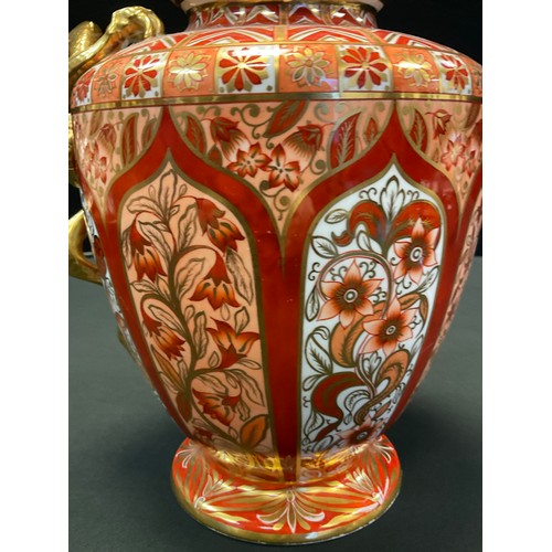 211 - A large Copeland Spode double dragon jug, decorated in iron red,  orange and gilt with stylised flor... 