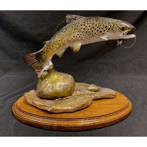 23 - A Peter Lowerson sculpture,  of a leaping trout, signed, dated 1997, 24.5cm high, 32cm long, oval pl... 