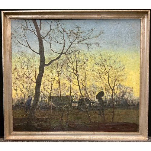 70 - French school, mid 20th century,
‘Woodsmen with ox and cart at Dusk’, 
oil on board, indistinctly si... 