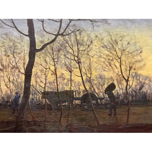 70 - French school, mid 20th century,
‘Woodsmen with ox and cart at Dusk’, 
oil on board, indistinctly si... 