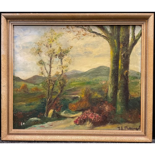 195 - French school, mid 20th century,
impressionist landscape with mountains,
indistinctly signed, oil on... 