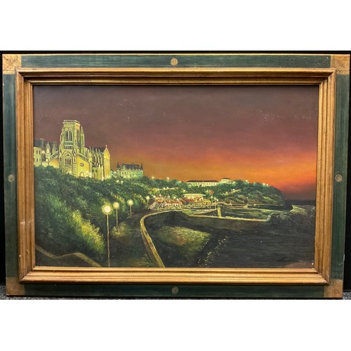 132 - French school, The Cathedral at night, indistinctly signed, oil on canvas, 65cm x 99.5cm.