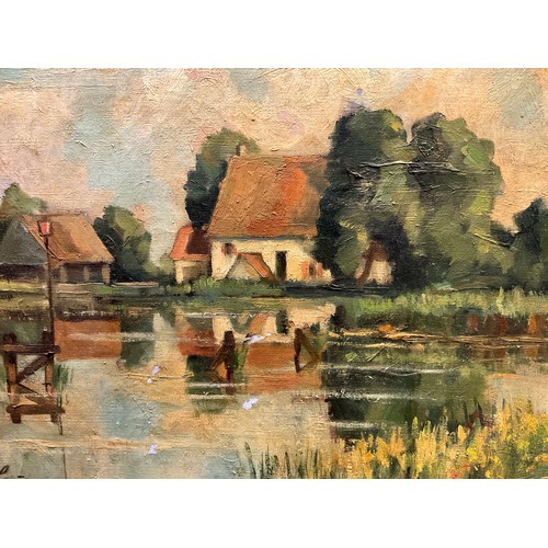 72 - Alvis, French Impressionist school, early 20th century, Lock-keeper’s cottage, indistinctly signed, ... 