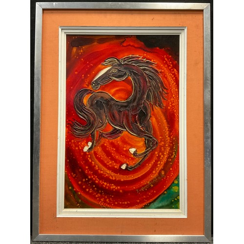 114 - Modern French school, ‘Prancing Horse’, indistinctly signed, oil on board, 59cm x 39.5cm.