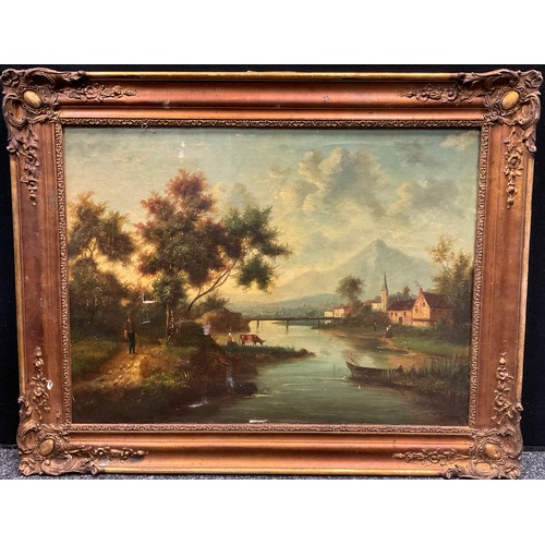 177 - Charles Moreau, Landscape with river and a town, signed, oil on canvas, 47cm x 63cm.