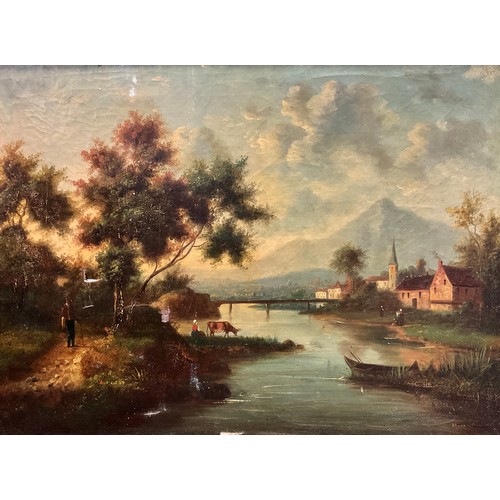 177 - Charles Moreau, Landscape with river and a town, signed, oil on canvas, 47cm x 63cm.