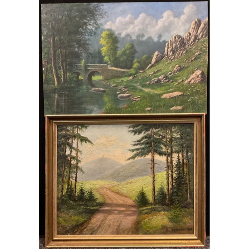 94 - K. Eggerder, ‘From Woodland edge, to the High Hills’, signed, dated 1955, label to verso, oil on boa... 