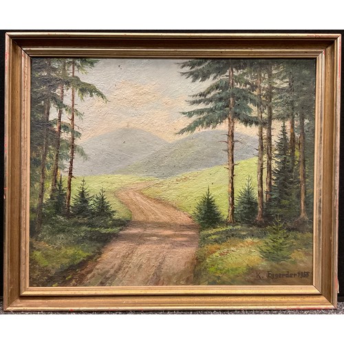 94 - K. Eggerder, ‘From Woodland edge, to the High Hills’, signed, dated 1955, label to verso, oil on boa... 