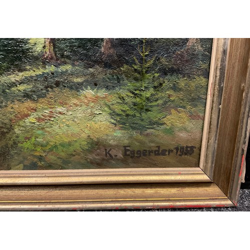 94 - K. Eggerder, ‘From Woodland edge, to the High Hills’, signed, dated 1955, label to verso, oil on boa... 