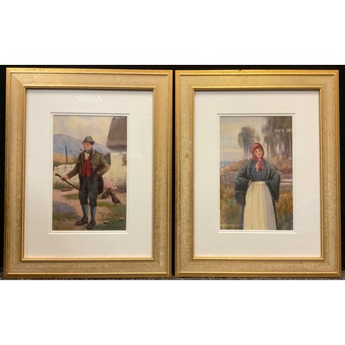 123 - Warren Williams (1863-1941),
A pair, Studies of country folk,
signed, watercolours, each measuring 3... 