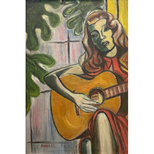 31 - Fauvist school, mid 20th century, Guitarist, signed ‘Amoural’, oil on board, 47cm x 31.5cm.