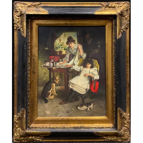 93 - English school, 20th century, ‘The new pet’, oil on board, 40cm x 30cm.