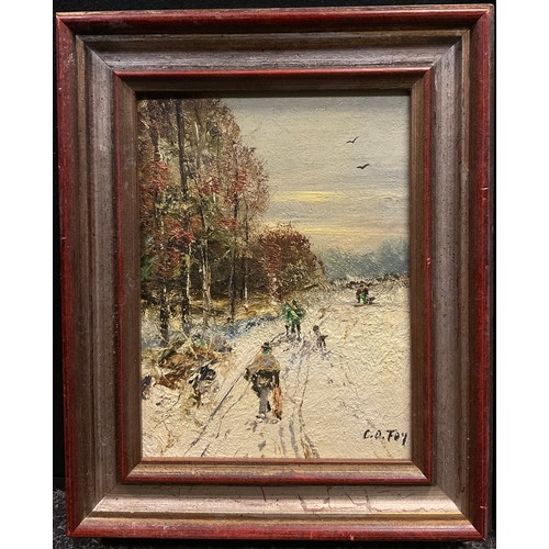 121 - Carl Otto Fey (bn. 1894), ‘Snow in the Westerwald’, signed, oil on board, 23cm x 17cm;  Continental ... 