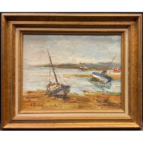 83 - Etienne Bellan (1922-2000), ‘The beached boats’ (‘Barques Echouee), signed, titled to verso, oil on ... 