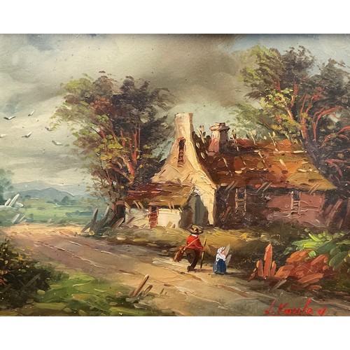 144 - J. Vauley, (Continental school, mid 20th century), Thatched cottage with figures, signed, oil on can... 
