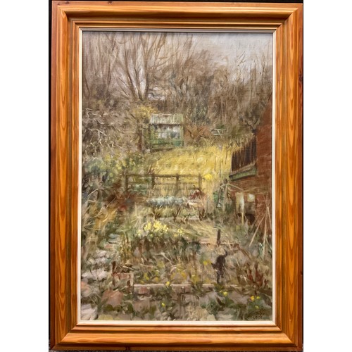 86 - Nicholas Leake, ‘Garden on John Street, Durham’, signed, oil on canvas, 76cm x 50cm.