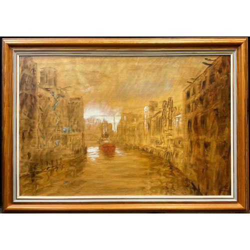 118 - Nicholas Leake, ‘Hull Canal’, signed, oil on board, 61cm x 91cm.