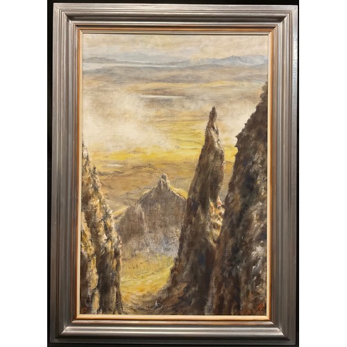 162 - Nicholas Leake, ‘The Needle, Quiraing, Isle of Skye’, signed, oil on canvas, 76cm x 50cm.