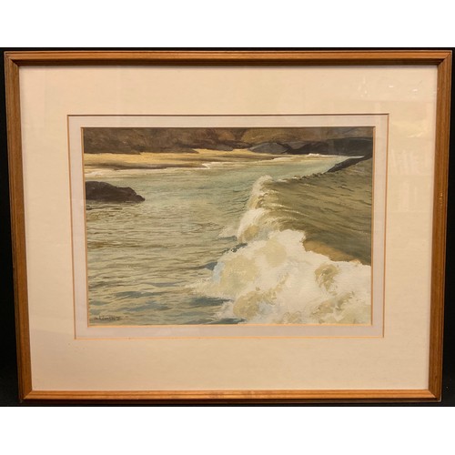 146 - Francois de Mauny (Cornish school), ‘Breaking wave at Godrevy’, signed, watercolour, 24cm x 34cm.