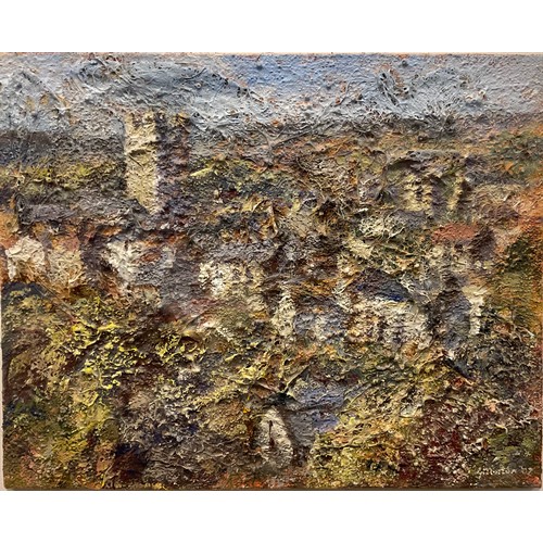 145 - Gina Morton, 'View of a village, with church', signed, textured acrylic on board, 20.5cm x 25cm.