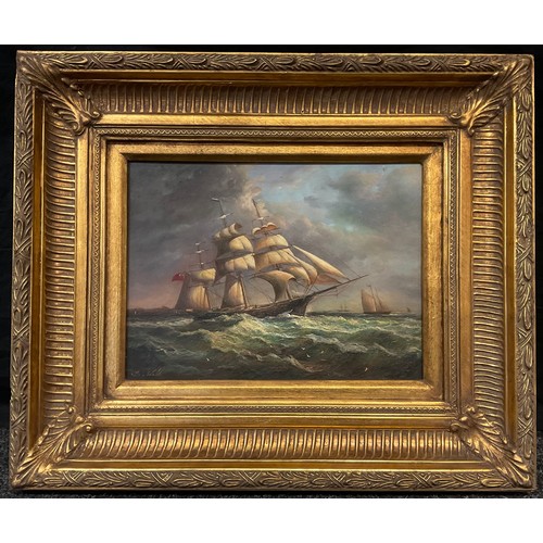 110 - S Webb (20th century), ‘Under the Red Ensign, Clipper at full sail’, signed, oil on board, 28cm x 38... 